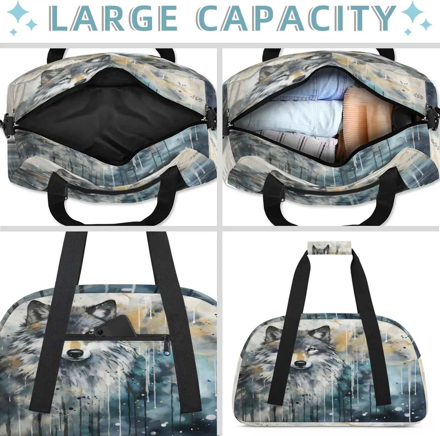 Wolf Wildlife Small Gym Bag 18 inch Carry On Duffel Bag for Weekender Travel Sports Workout Yoga Gymnastics Dance Ballet