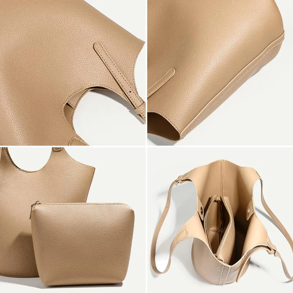 Womens PU Leather Shoulder Bag Large Bucket Tote Purse Handbag Casual Top Handle Satchel 2pcs with Adjustable Strap